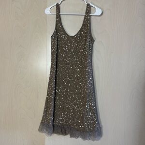 Brown Sequin Dress with Lace Hem